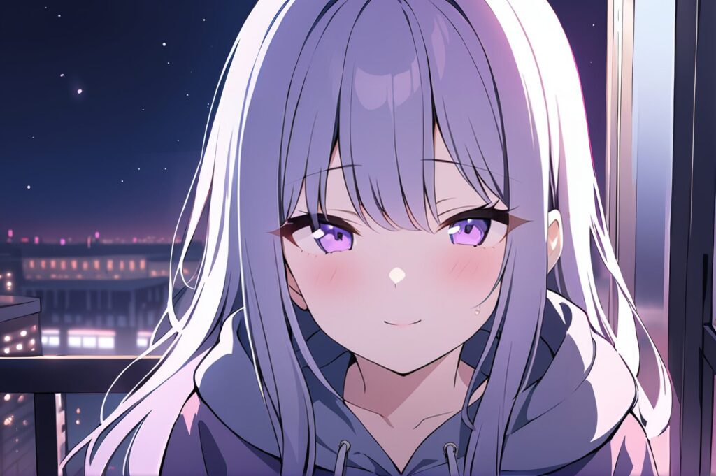 夜景と紫髪の女の子イラスト