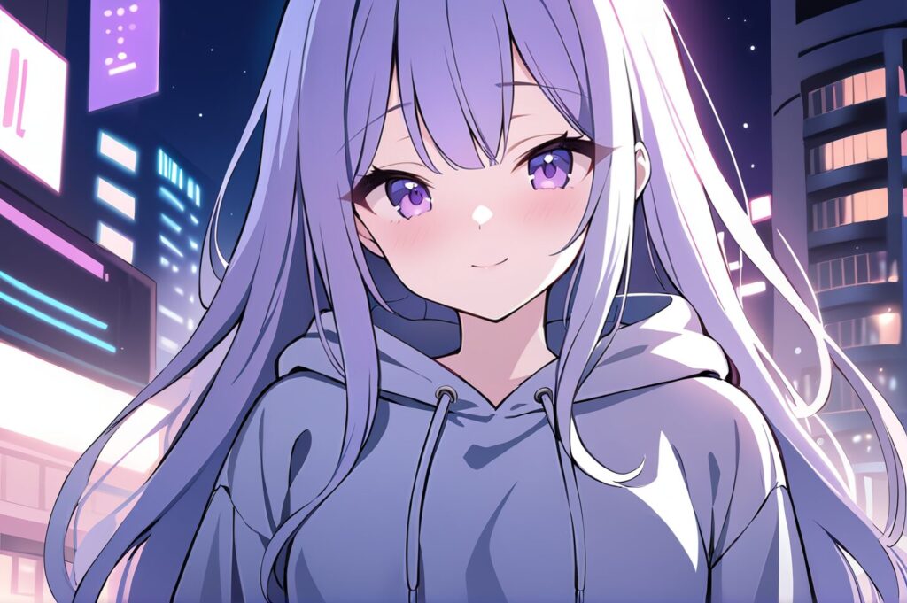 紫パーカーを着た紫髪ロングヘア女の子