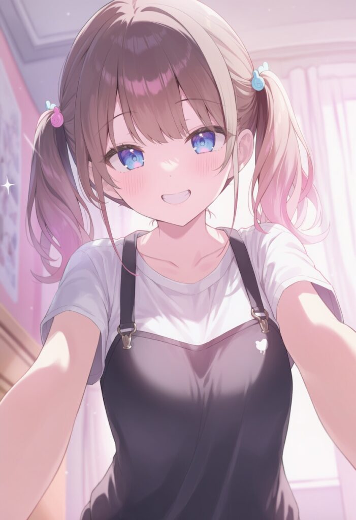 明るい室内で、ツインテールの女の子が白いTシャツと黒いキャミワンピ姿で笑顔を見せるアニメイラスト