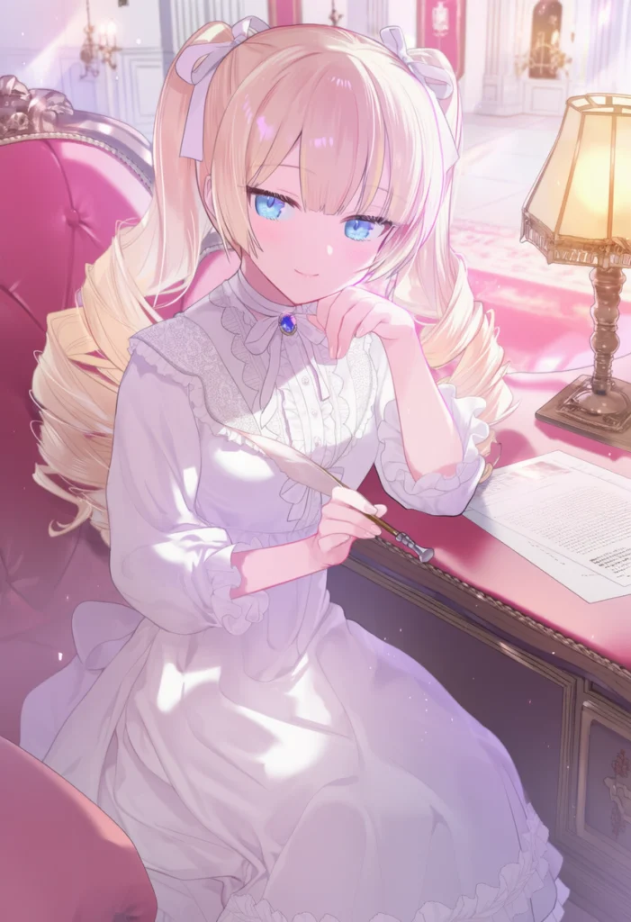 ピンクの椅子に座る金髪ツインテールの少女が、羽ペンを持って手紙を書いている上品なアニメイラスト