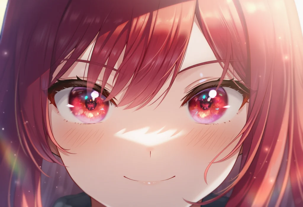 赤い髪と輝く赤い瞳の女の子が、頬を赤らめながら優しく微笑むアニメイラスト