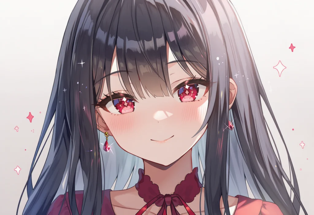 白と黒のツートンヘアの少女が、赤い瞳を輝かせながら穏やかに微笑むアニメイラスト