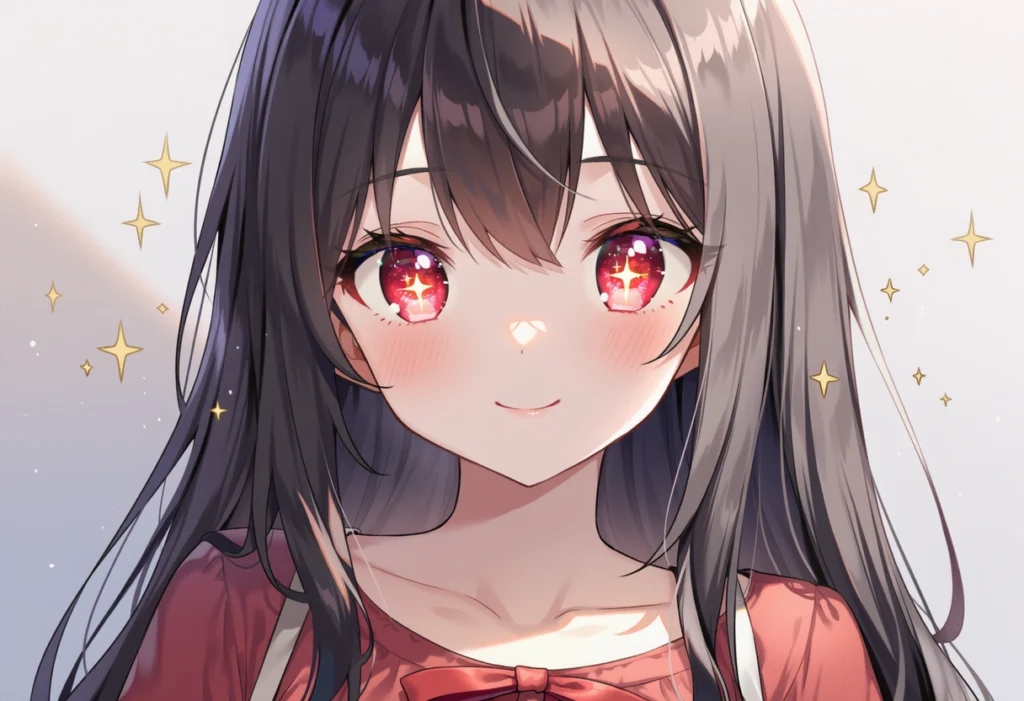黒髪に白いメッシュが入った少女が、星の輝く背景で赤い瞳を輝かせて微笑むアニメイラスト