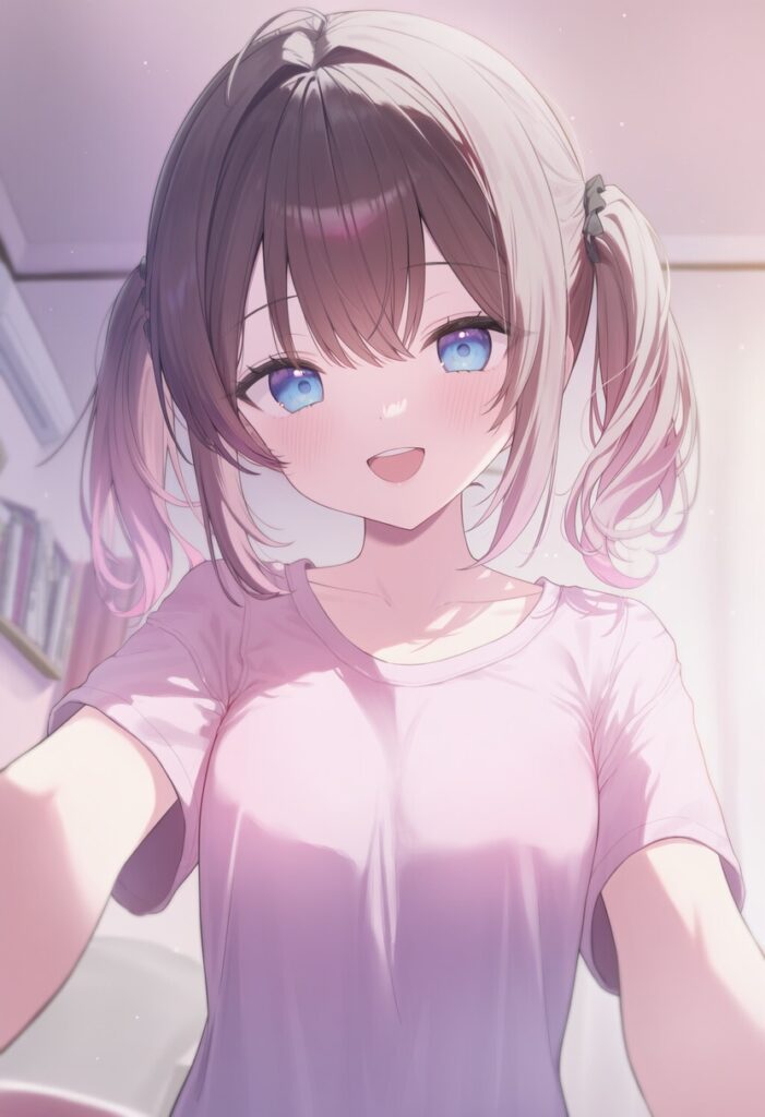 柔らかな光が差し込む室内で、ツインテールの女の子がピンクのTシャツ姿で微笑むアニメイラスト