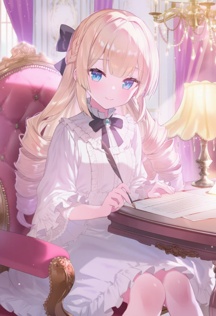 シャンデリアとランプが輝く優雅な部屋で、金髪の少女が手紙を書いているアニメイラスト
