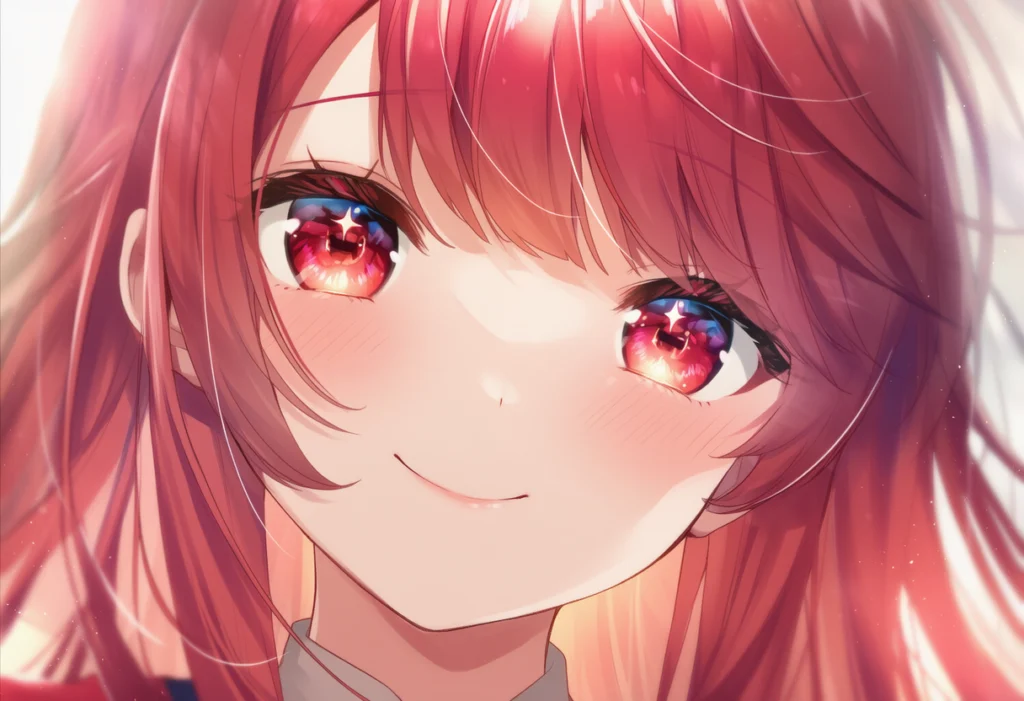 柔らかな光に包まれた赤髪の女の子が、赤い瞳を輝かせて微笑むアップのアニメイラスト