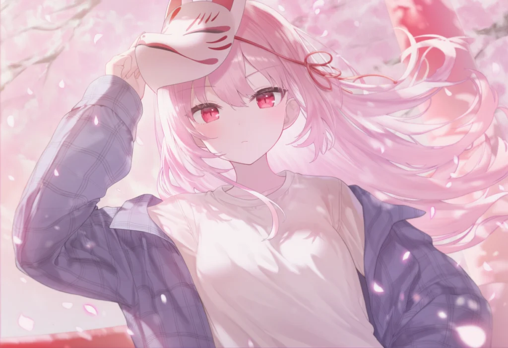桜の花びらが舞う中で、ピンク髪の少女が狐のお面を持って静かに見つめるアニメイラスト