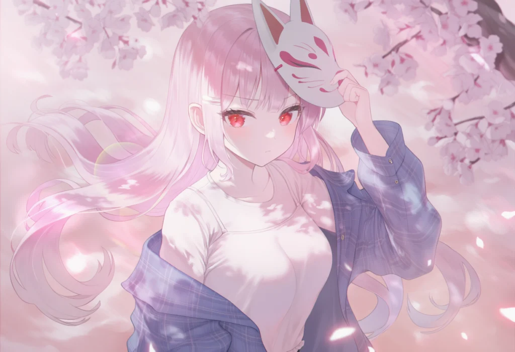 満開の桜を背景に、ピンク髪の少女が狐のお面を頭に添えてたたずむ幻想的なアニメイラスト